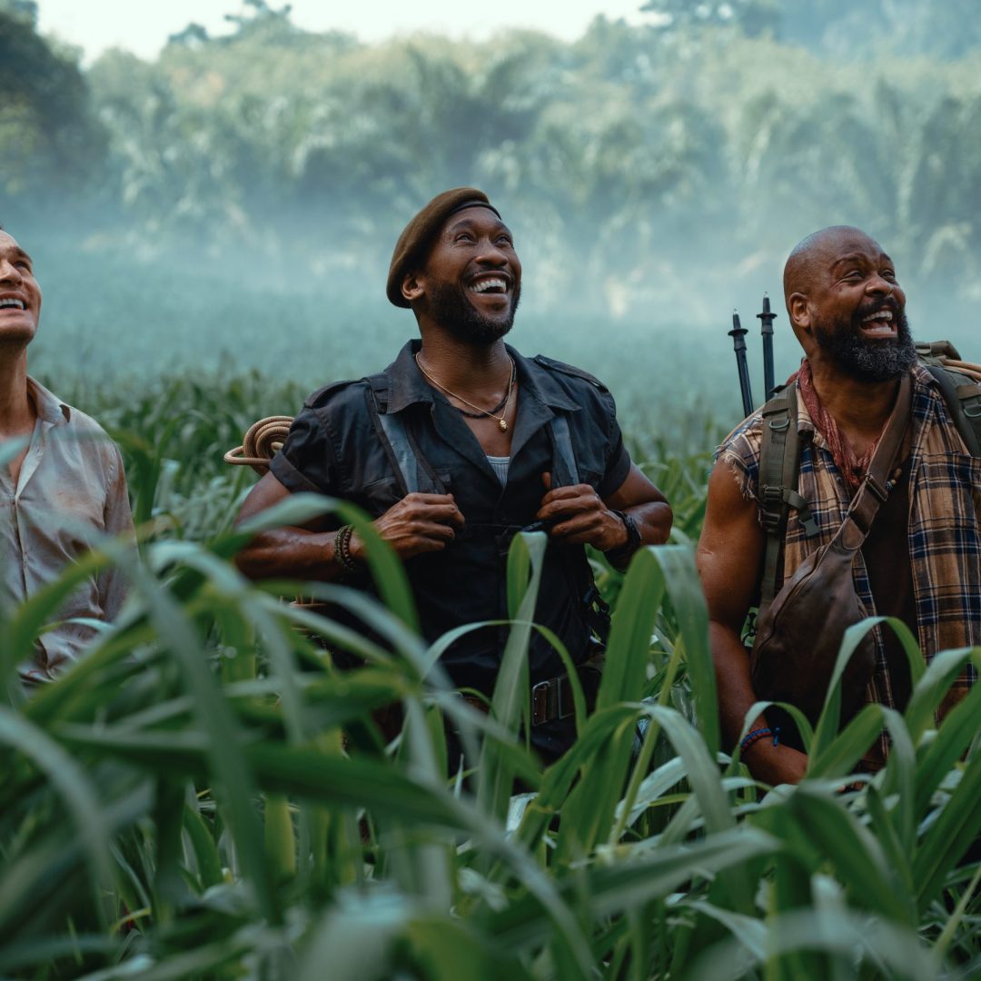 L to R: Rupert Friend as Martin Krebs, Mahershala Ali as Duncan Kincaid, and Bechir Sylvain as Leclerc in JURASSIC WORLD REBIRTH, directed by Gareth Edwards.