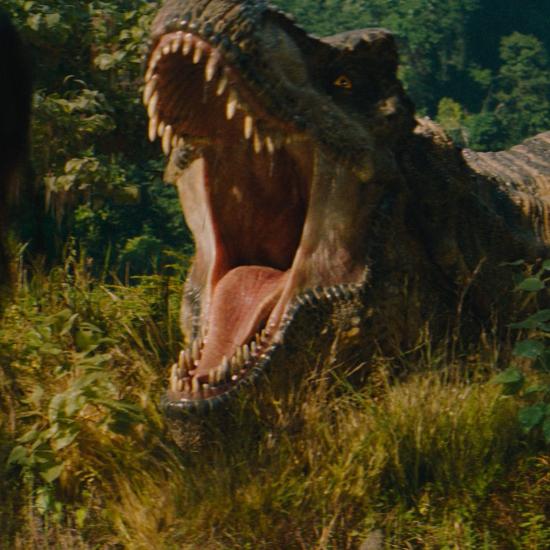 L to R: Luna Blaise and the T-Rex in JURASSIC WORLD REBIRTH, directed by Gareth Edwards